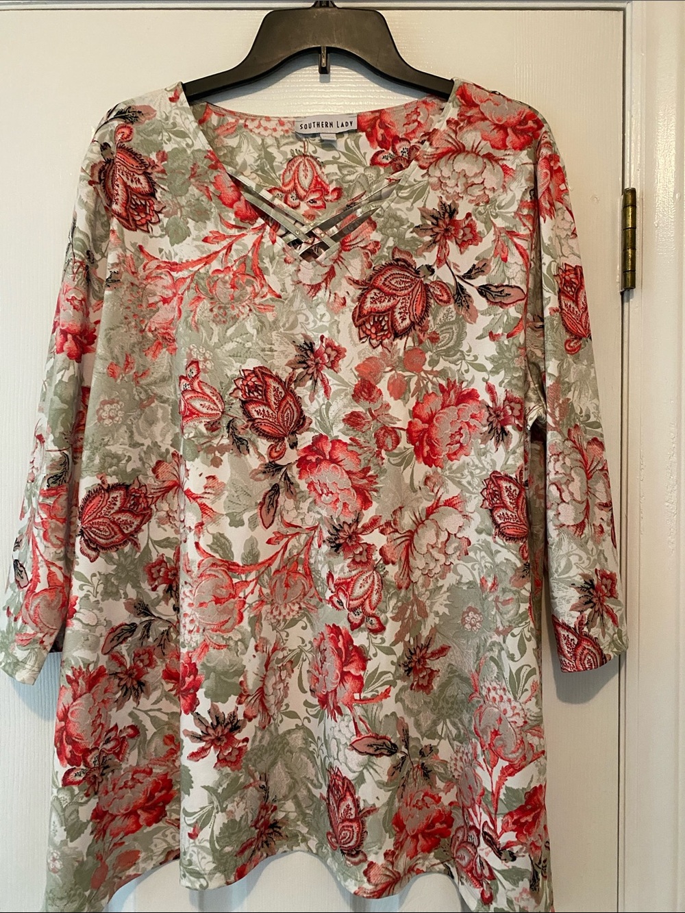 Southern Lady Red & Sage Floral Crisscross V-Neck Tunic